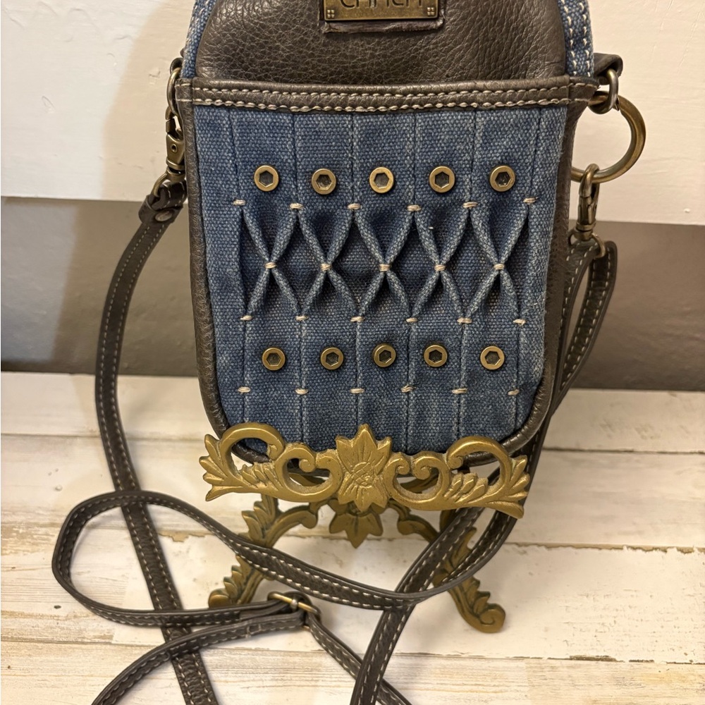 Chala Blue Denim and Brown Crossbody Bag with Brass Accents